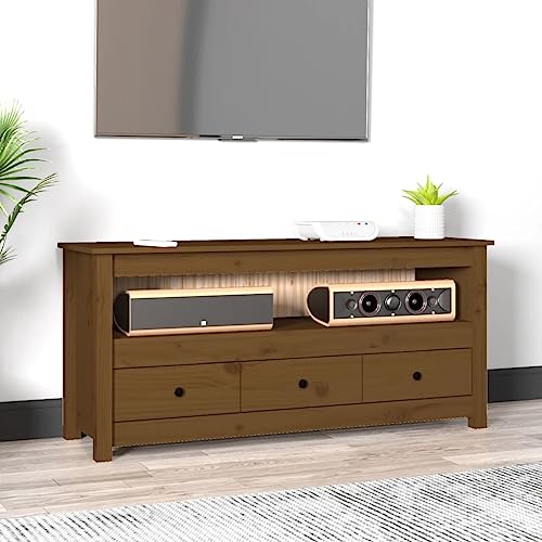 Qnhdfrt TV-Schrank aus massivem Kiefernholz Honigbraun 114x35x52 cm mit 3 Schubladen & großem Fach - Robuster TV-Ständer im Landhausstil für Wohnzimmer Qnhdfrt TV-Schrank aus massivem Kiefernholz Honigbraun 114x35x52 cm mit 3 Schubladen & großem Fach - Robuster TV-Ständer im Landhausstil für Wohnzimmer von Qnhdfrt