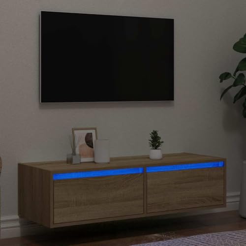 Qnhdfrt TV-Schrank mit LED-Beleuchtung Sideboard Holzwerkstoff in Sonoma-Eiche 100x35,5x25 cm RGB-Licht Fernsehschrank Lowboard mit Stauraum für Wohnzimmer von Qnhdfrt