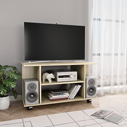 Qnhdfrt TV Schrank mit Rollen Sonoma-Eiche 80x40x45 cm Holzwerkstoff Lowboard mit offenen Regalen mobiler Fernsehtisch für Wohnzimmer von Qnhdfrt