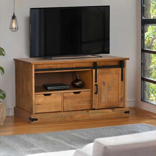 Qnhdfrt TV-Schrank mit Schiebetür 110x40x60 cm Massivholz Kiefer Natur Lowboard Sideboard für Wohnzimmer mit Schubladen und Regal von Qnhdfrt
