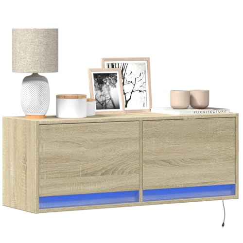 Qnhdfrt TV Wandschrank mit LED Beleuchtung Sonoma-Eiche 100x31x38 cm Holzwerkstoff Wandmontage Schrank für Wohnzimmer von Qnhdfrt