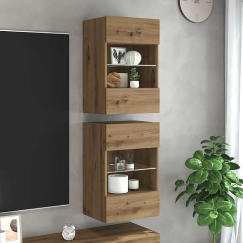 Qnhdfrt TV Wandschrank mit RGB-LED für Wohnzimmer 2er Set Artisan-Eiche Holzwerkstoff 40x30x60.5cm wandmontierbar mit Glasablage von Qnhdfrt