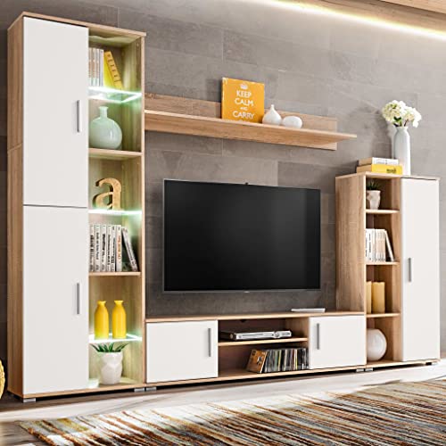Qnhdfrt TV Wohnwand mit Weißer LED Beleuchtung in Sonoma Eiche und Weiß, TV Schrank Set für Wohnzimmer, 260 cm Breite mit Seitenschränken und Regal, Modernes Design und Einfache Montage Qnhdfrt TV Wohnwand mit Weißer LED Beleuchtung in Sonoma Eiche und Weiß, TV Schrank Set für Wohnzimmer, 260 cm Breite mit Seitenschränken und Regal, Modernes Design und Einfache Montage von Qnhdfrt