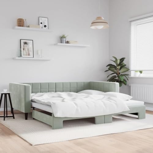 Qnhdfrt Tagesbett Ausziehbar 2 in 1 als Sofa und Doppelbett Hellgrau Samt Modernes Design mit Stabilen Holz Metall Rahmen 100x200 cm für Wohnzimmer Schlafzimmer Gästezimmer von Qnhdfrt