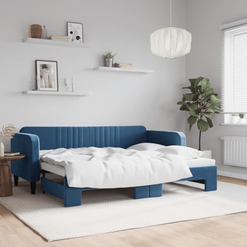 Qnhdfrt Tagesbett Ausziehbar Blau 80x200 cm Samt Modernes 2 in 1 Schlafsofa als Bett und Couch mit Stabilem Holz Metall Rahmen für Wohnzimmer Schlafzimmer Gästezimmer von Qnhdfrt