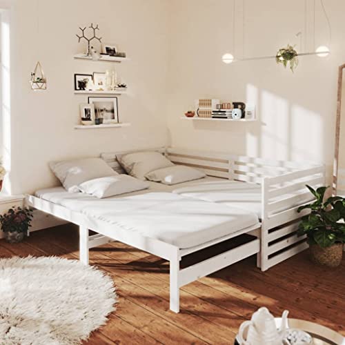 Qnhdfrt Tagesbett Weiß Massivholz Kiefer 203.5 x 185 cm Ausziehbett Sofabett mit Seitenschutz Daybed Gästebett für Wohnzimmer Schlafzimmer von Qnhdfrt