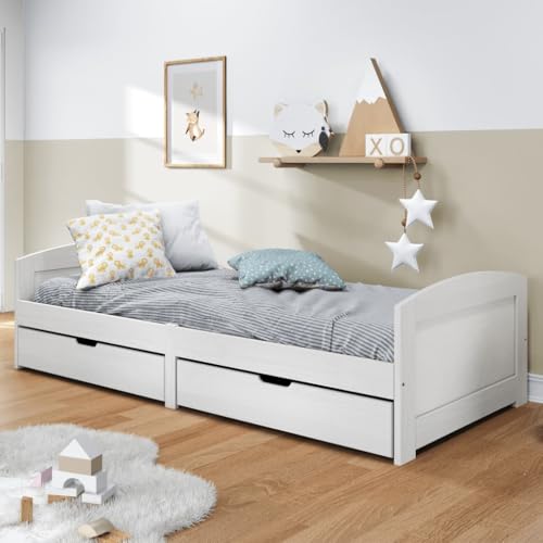 Qnhdfrt Tagesbett iRun Weiß 90x200 cm Massivholz Kiefer mit 2 Schubladen und Lattenrost Multifunktionales Gästebett als Sofa oder Bett für Wohnzimmer und Schlafzimmer von Qnhdfrt
