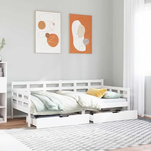 Qnhdfrt Tagesbett mit Schubladen aus Massivholz Kiefer Weiß 80x200 cm 2 in 1 Sofa Bett mit Lattenrost und Stauraum für Wohnzimmer Schlafzimmer Gästezimmer von Qnhdfrt