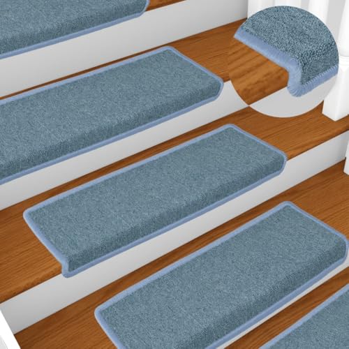 Qnhdfrt Treppenmatten Blau 15 Stück 65 x 21 x 4 cm Stufenmatten aus 100% Polypropylen rutschfest Selbstklebend Geräuschdämpfend für Innenbereich Modernes Design von Qnhdfrt