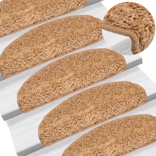 Qnhdfrt Treppenmatten Set 15 Stück Beige 65x21x4 cm Stufenmatten aus 100% PP mit Antirutsch Klebeband für Innentreppen Modernes Design & Geräuschdämpfend von Qnhdfrt