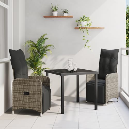 Qnhdfrt Verstellbare Gartenstühle mit Kissen Grau Poly Rattan 2 Stühle + Tisch Set Outdoor Lounge Möbel für Balkon Garten Terrasse von Qnhdfrt