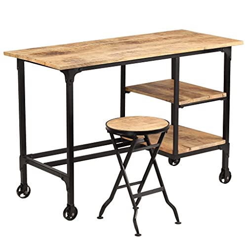 Qnhdfrt Vintage Schreibtisch mit Klappbarem Hocker aus Massiv Mangoholz 115x50x76 cm mit 2 Regalböden und Rollen für Computertisch Büro Homeoffice Qnhdfrt Vintage Schreibtisch mit Klappbarem Hocker aus Massiv Mangoholz 115x50x76 cm mit 2 Regalböden und Rollen für Computertisch Büro Homeoffice von Qnhdfrt