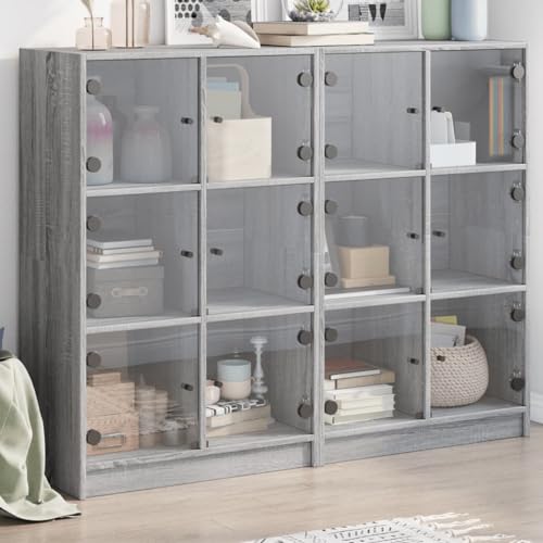 Qnhdfrt Vitrine Schrank mit Glastüren Grau Sonoma 136x37x109 cm Holzwerkstoff Glas Regal für Bücher Wohnzimmer Büro Aufbewahrung Modernes Design Robust von Qnhdfrt