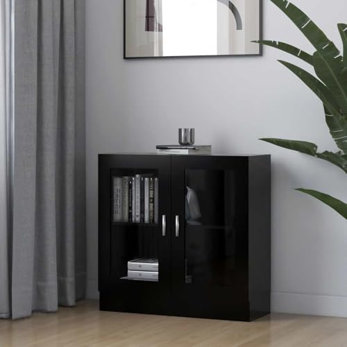 Qnhdfrt Vitrinenschrank Schwarz Bücherregal mit Glas Holzwerkstoff 82,5x30,5x80 cm Robust Langlebig Geräumige Fächer für Wohnzimmer Büro von Qnhdfrt