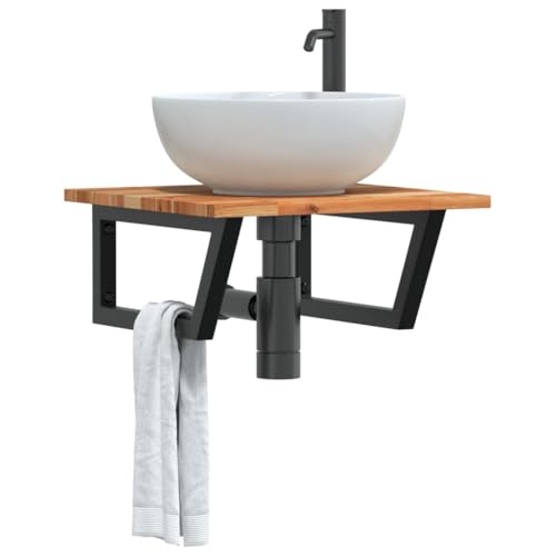 Qnhdfrt Wand-Waschbeckenregal 50 x 50 cm Akazienholz & Stahl Trapezform 100 kg Belastbar Modernes Design platzsparend Befestigung flexibel für Badezimmer Gäste-WC und Flur von Qnhdfrt