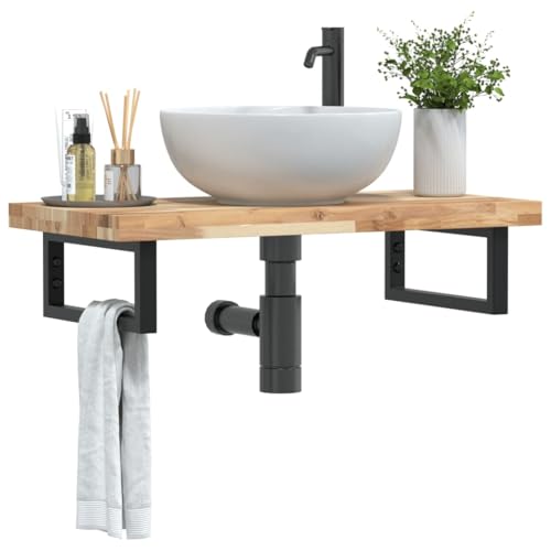 Qnhdfrt Wand Waschbeckenregal 80x40cm Massive Akazienholzplatte mit Stahlhalterung Schwarz Schweberegal mit Handtuchhalter Modernes Design Robuste Ablage für Badezimmer Flur und Küche von Qnhdfrt