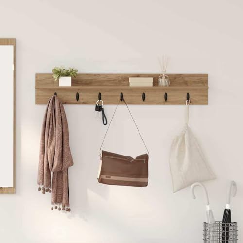 Qnhdfrt Wandgarderobe Eiche Handwerklich 100 x 10,5 x 18 cm aus Holzwerkstoff mit Regal und Metallhaken Modernes platzsparendes Design Robust und Langlebig für Flur Eingang Wohnzimmer von Qnhdfrt