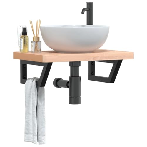 Qnhdfrt Wandmontage Waschbeckenregal aus Stahl und Massivholz Buche Schwarz 60x40x4cm Platzsparendes Hängendes Badezimmer Regal für Waschbecken Handtücher Stauraum mit Trapezdesign von Qnhdfrt