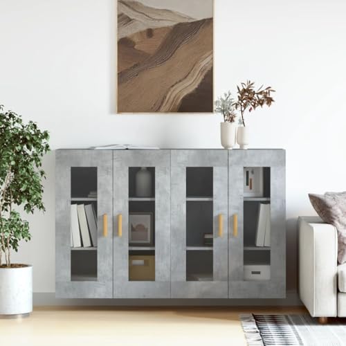 Qnhdfrt Wandschrank Betongrau 2 STK mit Glastüren - Sideboard Aufsatz Vitrinenschrank Hängeschrank für Küche Wohnzimmer Flur 69.5x34x90 cm Holzwerkstoff Landhausstil Aufbewahrung von Qnhdfrt