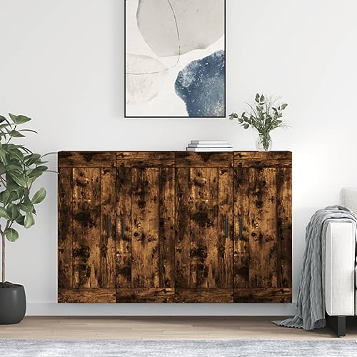 Qnhdfrt Wandschrank Set 2 Stück Räuchereiche Holzwerkstoff 69,5x34x90cm Wandmontage Sideboard Aufsatz für Wohnzimmer Küche Flur mit vielseitigem Stauraum von Qnhdfrt