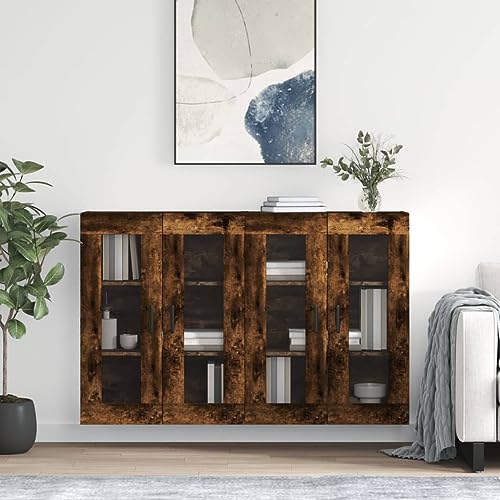 Qnhdfrt Wandschrank Set 2 Stück Räuchereiche aus Holzwerkstoff mit Glastüren - Moderner Stauraum für Wohnzimmer, Küche & Flur von Qnhdfrt