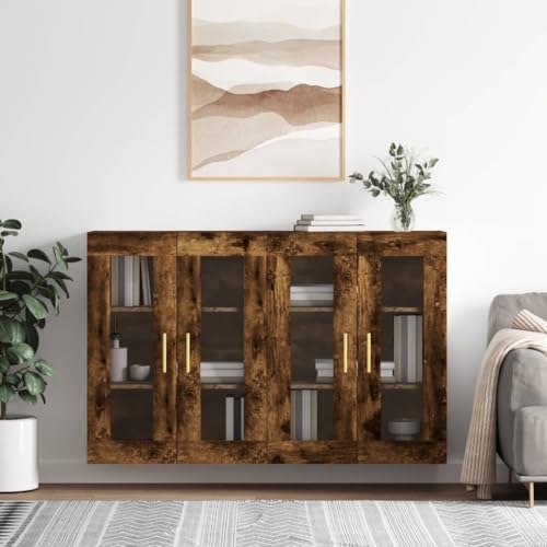 Qnhdfrt Wandschrank Set 2 Stück Sideboard Vitrinenschrank Räuchereiche Holzwerkstoff mit Glastüren 69,5 x 34 x 90 cm Aufbewahrungsschrank für Wohnzimmer Küche Flur von Qnhdfrt