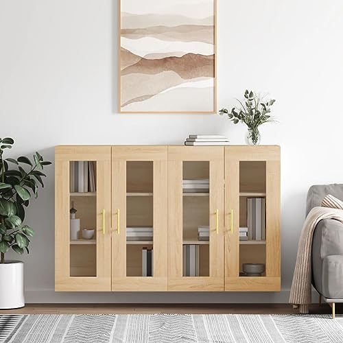 Qnhdfrt Wandschrank Set 2 Stück Sonoma-Eiche Holzwerkstoff mit Glastüren 69,5 x 34 x 90 cm Aufbewahrungsschrank für Wohnzimmer Küche Flur von Qnhdfrt