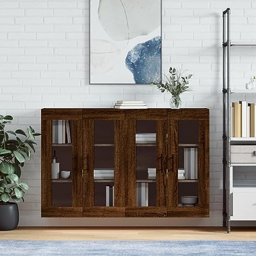 Qnhdfrt Wandschrank Set Braun Eichen-Optik Holzwerkstoff mit Glastüren 69.5x34x90cm 2 Stück für Aufbewahrung im Wohnzimmer Flur oder Küche von Qnhdfrt