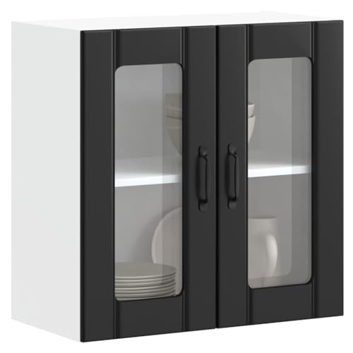 Qnhdfrt Wandschrank mit Glas Küchenschrank Hängend Schwarz Holzwerkstoff Vitrinenschrank 60cm Breite für Küchenregal Aufbewahrung von Qnhdfrt