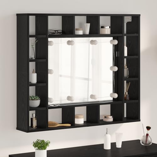 Qnhdfrt Wandspiegelschrank Schwarze Eiche 91x15x76.5 cm mit LED Holzwerkstoff platzsparender Badezimmerschrank Modernes Design mit 16 Regalen für Bad Flur und kleine Räume von Qnhdfrt