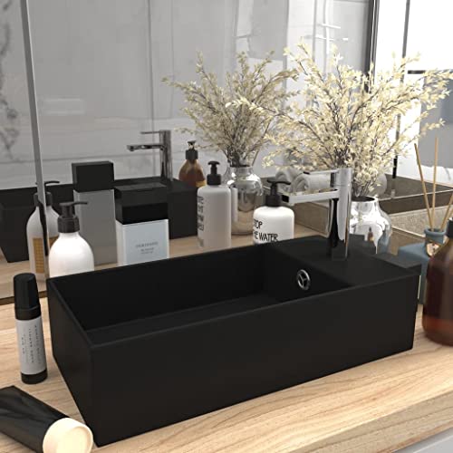 Qnhdfrt Waschbecken Badezimmer Matt Schwarz Keramik Aufsatzwaschbecken 480 x 250 x 150 mm mit Überlaufloch und Hahnloch für Gäste WC Küche und Camping von Qnhdfrt