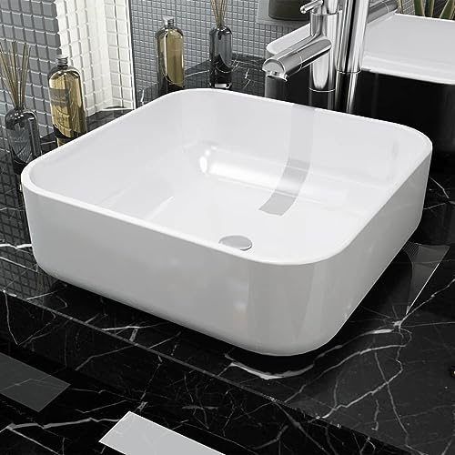 Qnhdfrt Waschbecken Quadratisch Keramik Weiß 39x39x13,5 cm Aufsatzwaschbecken mit Glasierter Oberfläche Modernes Design für Badezimmer Gäste WC und Camping von Qnhdfrt