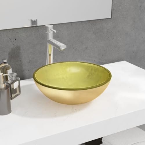 Qnhdfrt Waschbecken aus gehärtetem Glas Golden 35 x 12 cm Modernes Aufsatzwaschbecken für Badezimmer Gäste WC Küche und Garage Robustes Design mit Gold Finish von Qnhdfrt