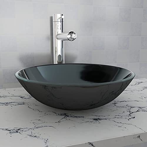 Qnhdfrt Waschbecken aus gehärtetem Glas Schwarz 42 x 13 cm Aufsatzwaschbecken für Badezimmer Gäste WC und Waschküche Modernes Design und einfache Reinigung von Qnhdfrt