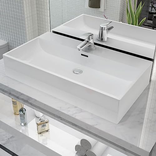 Qnhdfrt Waschbecken aus hochwertiger Keramik Weiß 76 x 42,5 x 14,5 cm Modernes Aufsatzwaschbecken mit Überlauf und Hahnloch für Badezimmer Gäste WC und Camping von Qnhdfrt