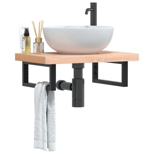 Qnhdfrt Waschbeckenregal Wandmontage aus Stahl und Massivholz Buche Schwarz 60x40x4cm mit 2 Halterungen Platzsparendes Badregal für Badezimmer Modernes Design und Hohe Stabilität von Qnhdfrt