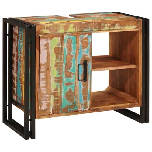 Qnhdfrt Waschbeckenunterschrank 71 x 33 x 58 cm aus Massivholz Altholz und Eisen mit flächenbündiger Tür Modernes Badmöbel für kleine Badezimmer Flur und Gäste WC Qnhdfrt Waschbeckenunterschrank 71 x 33 x 58 cm aus Massivholz Altholz und Eisen mit flächenbündiger Tür Modernes Badmöbel für kleine Badezimmer Flur und Gäste WC von Qnhdfrt