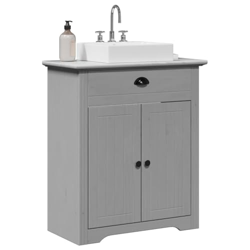 Qnhdfrt Waschbeckenunterschrank BODO Grau 70x35x80 cm Massives Kiefernholz Retro Design mit 2 Türen und Metallgriffen für Badezimmer Stauraum von Qnhdfrt