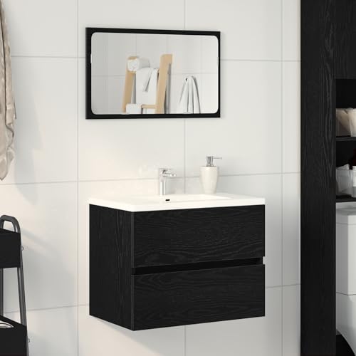 Qnhdfrt Waschbeckenunterschrank Badezimmerschrank aus Holzwerkstoff Schwarz Eiche 60x38,5x45 cm Schmal Klein Geräumiger Stauraum Wandmontierbar für Badezimmer WC als Badmöbel von Qnhdfrt