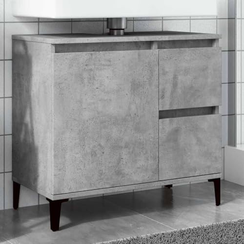 Qnhdfrt Waschbeckenunterschrank Betongrau 65x33x60 cm Badezimmerschrank mit 2 Schubladen und Tür, Holzwerkstoff und Metallbeine für Stabilität, Flexibles Design für Linke oder rechte Montage von Qnhdfrt