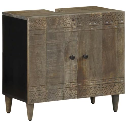 Qnhdfrt Waschbeckenunterschrank aus Massivholz Mango Schwarz Schmal Klein 62x33x58 cm mit Handgeschnitztem Muster Platzsparend Robust für Badezimmer von Qnhdfrt