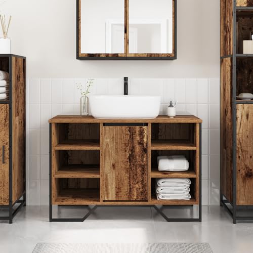 Qnhdfrt Waschbeckenunterschrank aus recyceltem Altholz Braun 91x35x60 cm Schmaler Badezimmerschrank mit Regalen für Stauraum von Qnhdfrt