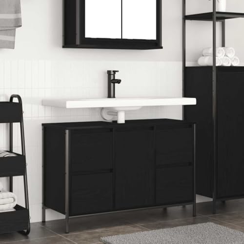 Qnhdfrt Waschbeckenunterschrank mit 4 Schubladen Schwarz Eichen-Optik 90 x 34,5 x 60 cm Badezimmermöbel Stabile Tischplatte für Aufbewahrung von Qnhdfrt