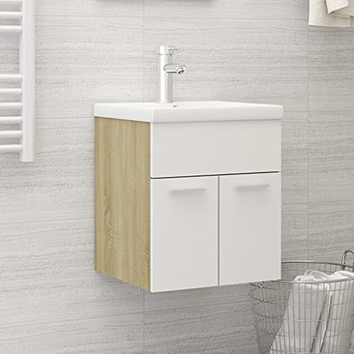 Qnhdfrt Waschbeckenunterschrank mit Einbaubecken 41 x 38,5 x 46 cm aus Holzwerkstoff und Keramik Weiß Sonoma Eiche Moderne Badmöbel Push-Open Technik für kleine Badezimmer Gäste-WC Qnhdfrt Waschbeckenunterschrank mit Einbaubecken 41 x 38,5 x 46 cm aus Holzwerkstoff und Keramik Weiß Sonoma Eiche Moderne Badmöbel Push-Open Technik für kleine Badezimmer Gäste-WC von Qnhdfrt