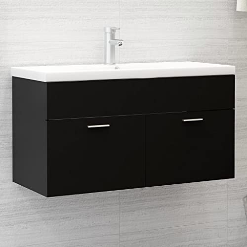 Qnhdfrt Waschbeckenunterschrank mit Einbaubecken 90x46x38,5 cm Schwarz Holzwerkstoff Weiße Keramik Schale Modernes Badmöbel mit Wasserhahn Push-Open Ablaufgarnitur für Badezimmer Gäste-WC von Qnhdfrt