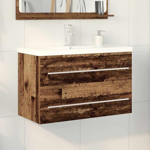 Qnhdfrt Waschbeckenunterschrank mit Waschtisch 80×38,5×48 cm Altholz Badezimmerschrank mit 2 Schubladen Langlebiges Holzwerk und Keramik Modernes rustikales Design für kleine Badezimmer und Gäste-WC von Qnhdfrt