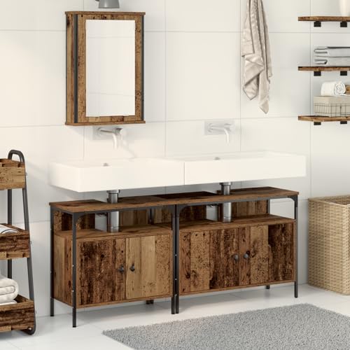 Qnhdfrt Waschbeckenunterschrank mit integriertem Becken Braun Rechteckig Rustikales Design aus recyceltem Holz und Holzwerkstoff inklusive Spiegelschrank für optimale Platznutzung im Badezimmer von Qnhdfrt