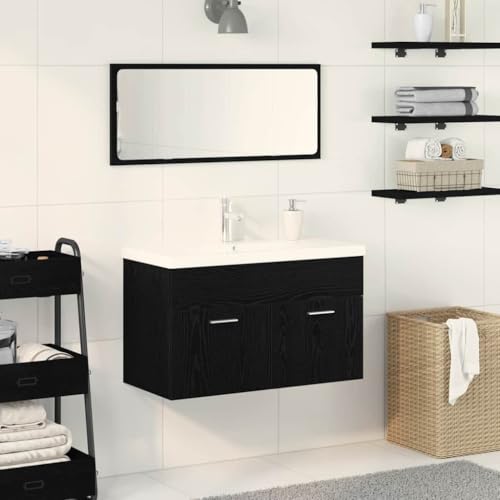 Qnhdfrt Waschtischschrank Schwarze Eiche 80x38,5x46 cm aus Holzwerkstoff Modernes Badezimmerschrank mit flächenbündiger Tür für Gäste-WC und Familienbad von Qnhdfrt