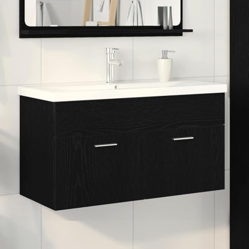 Qnhdfrt Waschtischschrank mit Waschbecken Schwarze Eiche 90x38,5x46 cm Holzwerkstoff Modernes bündiges Design Robuster Badschrank für kleines Gäste WC Familienbad Badezimmer Qnhdfrt Waschtischschrank mit Waschbecken Schwarze Eiche 90x38,5x46 cm Holzwerkstoff Modernes bündiges Design Robuster Badschrank für kleines Gäste WC Familienbad Badezimmer von Qnhdfrt