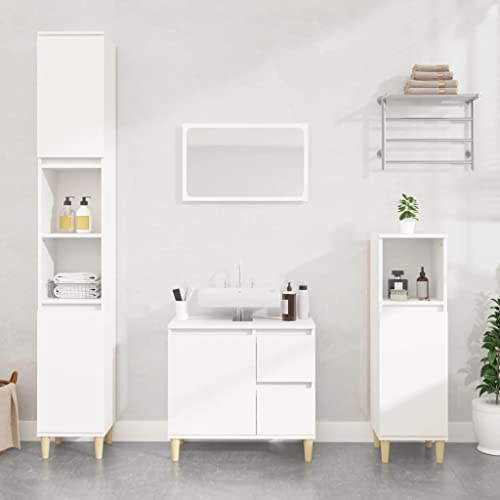 Qnhdfrt Weißer Badezimmerschrank Schmal Klein 30x30x190 cm Hochschrank aus Holzwerkstoff mit Eukalyptusbeinen für Stauraum im Badezimmer von Qnhdfrt